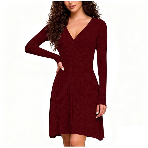 Ygbgbb Women's A-Line Sweater Dress Fitted Flowy Casual Dress Long Sleeve V Neck Rib Knit Mini Dress Lightweight Spring Summer Fall Season Wear Dresses Wine M