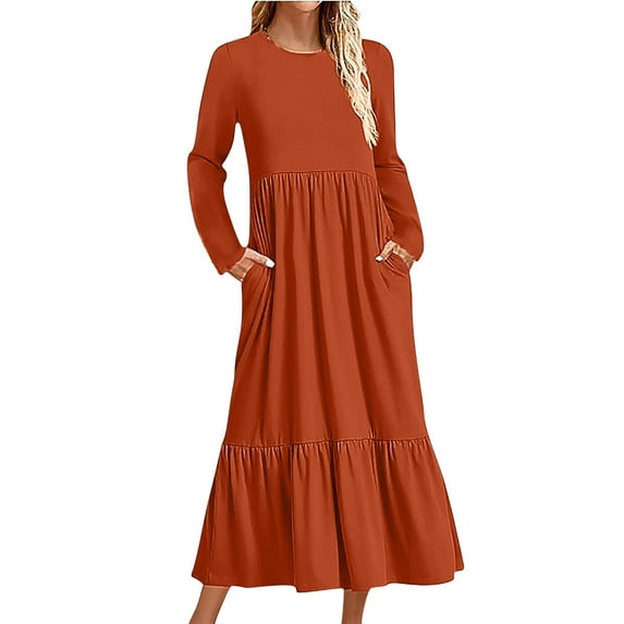 Ygbgbb Women's Casual Loose Long Sleeve Loose Dress Solid Classic Dress (Orange,M)