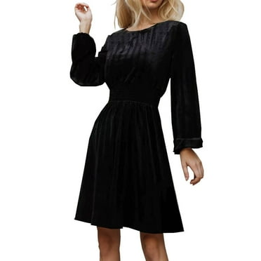 Ygbgbb Women's Casual Solid Color Slim Temperament Round Neck Long Sleeve Dress (Black,M)