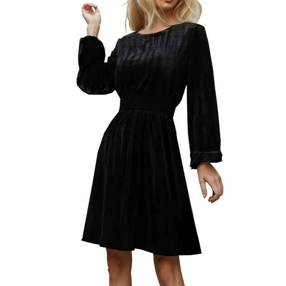 Ygbgbb Women's Casual Solid Color Slim Temperament Round Neck Long Sleeve Dress (Black,S)