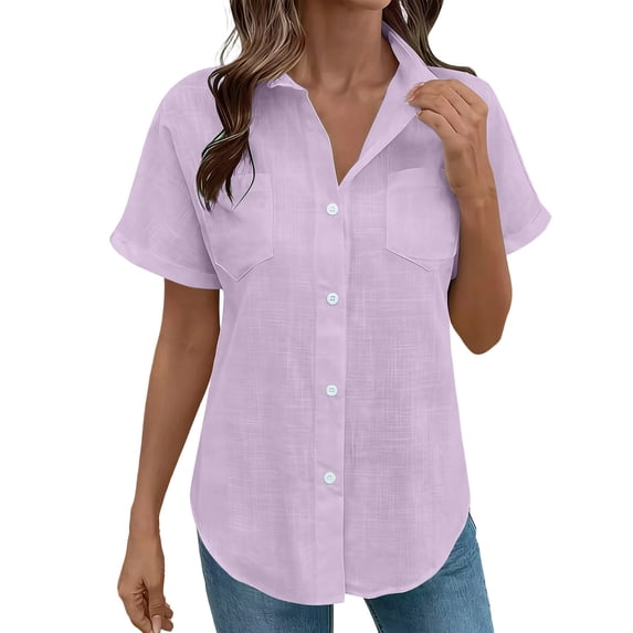 Ygbgbb Women's Classic Button Down Shirts Lightweight Summer Short Sleeve Collared Blouses Casual Dressy Shirts for Business & Office & Daily Wear Purple XL
