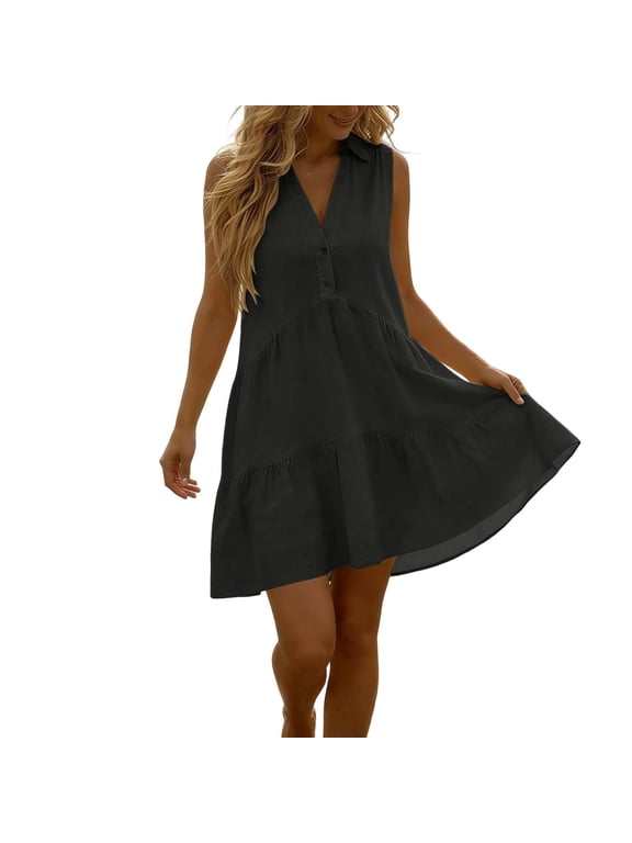 Women's Collared Sleeveless Tiered Mini Dress, Button-Front Linen-Blend Dress, Layered Design Casual Summer Sundress Gray S