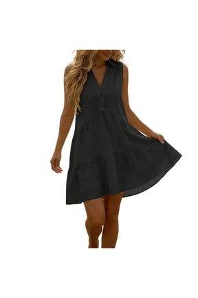Women's Collared Sleeveless Tiered Mini Dress, Button-Front Linen-Blend Dress, Layered Design Casual Summer Sundress Gray S