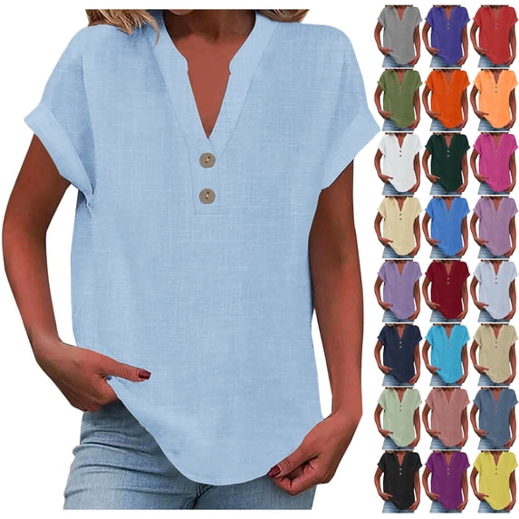 Ygbgbb Women's Cotton Linen Shirts Short Sleeve Button V Neck Tops Lightweight Summer Casual Blouses Loose Fit Tops for Daily & Vacation Wear Green XL