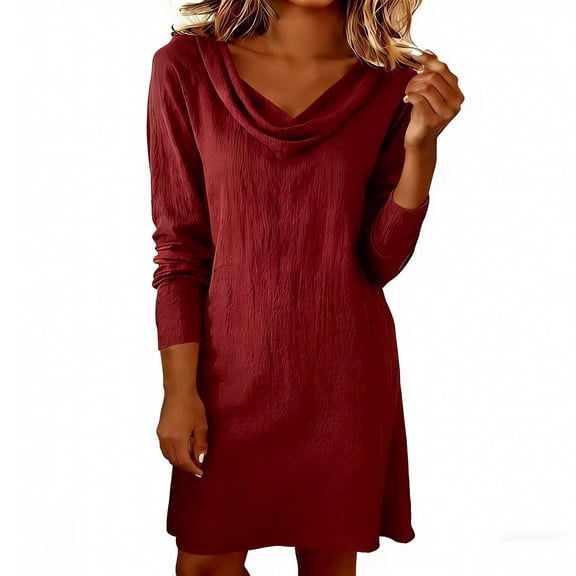 Ygbgbb Women's Cowl Neck Dress Summer Mini Dress Cotton Linen Dress Solid Long Sleeve Tunic Top Beach Vacation Dresses Casual Outfits Red XL