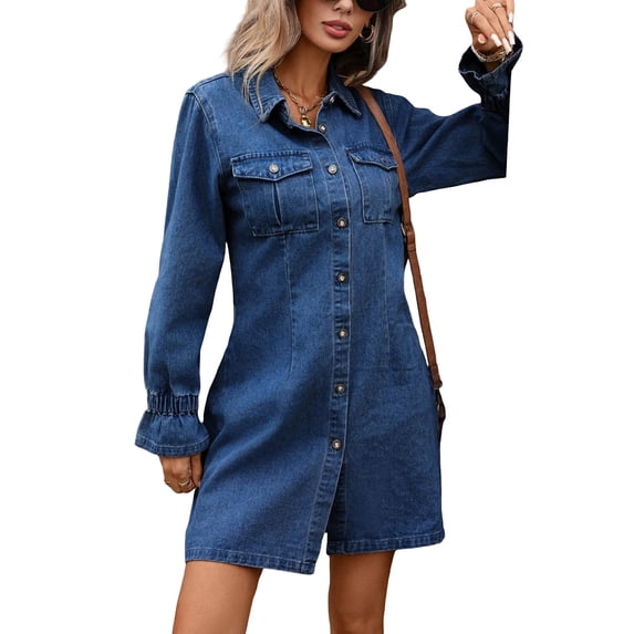 Ygbgbb Women's Denim Shirt Dress, Long Sleeve with Button Front & Cuffed Sleeves, Casual Western Style Mini Dress Dark Blue S