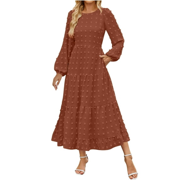 Ygbgbb Women's Elegant Casual Long Sleeve Round Neck Dress (Brown,S)