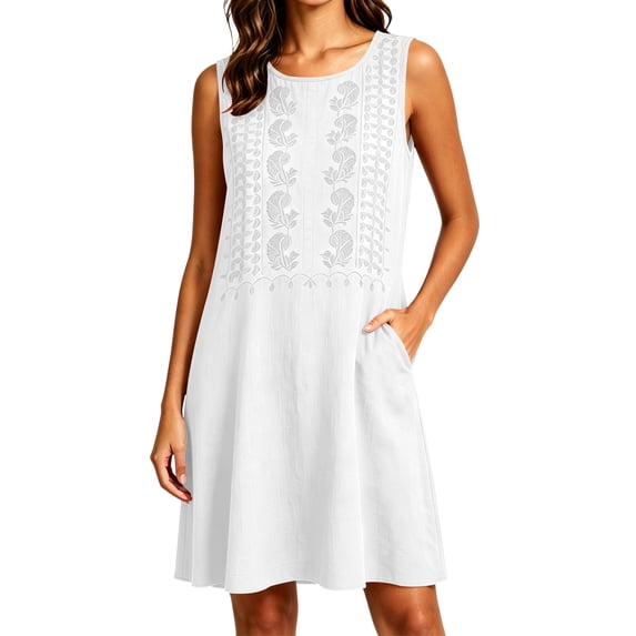 Ygbgbb Women's Embroidered Tank Mini Dress, Crew Neck Sleeveless, Loose Relaxed Casual Everyday Dress White L