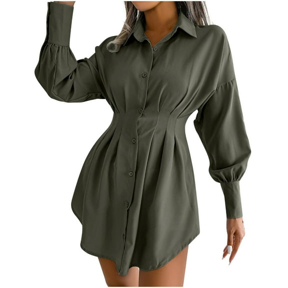Ygbgbb Women's Fall Dresses Pleated Bishop Long Sleeve Mini T Shirt Dress Lapel Collar Button Flared Ruched Short Shirt Dresses (Army Green S)