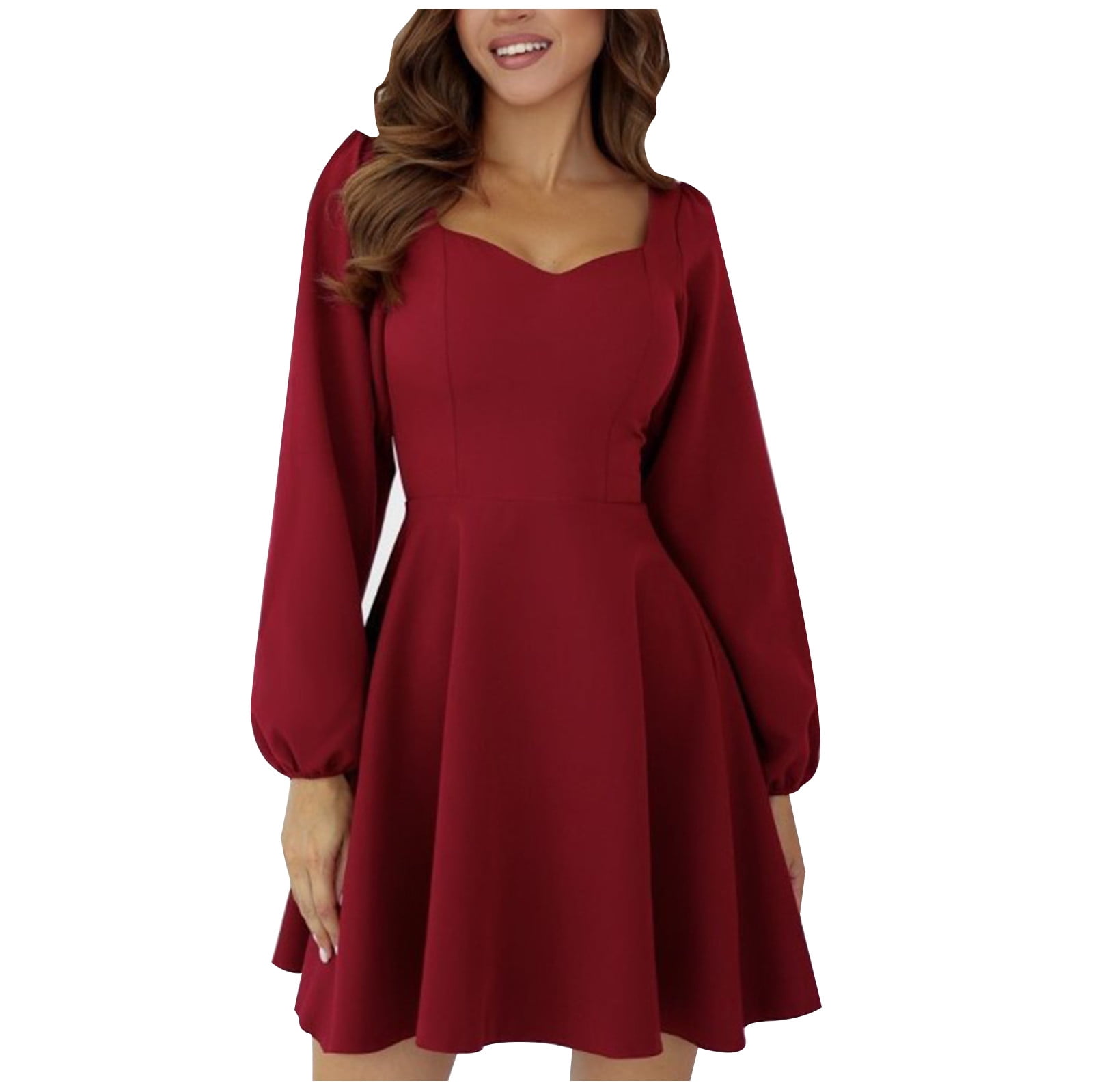 Ygbgbb Women s Fall Dresses Sweetheart Neck Long Sleeve A Line Swing Dress Solid Color Party Dresses Red L