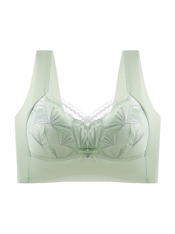 Women's Fan Leaf Jacquard Lace Wireless Support Bra, Wide Adjustable Straps Small Center Bow Cooling Breathable Bra Green M