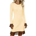 thumbnail image 1 of Ygbgbb Women’s Fashion Fringe Hem Long Sleeve Dresses Cozy Solid Crew Neck Knit Dresses Casual Nightclub Party Mini Dress Beige L, 1 of 6