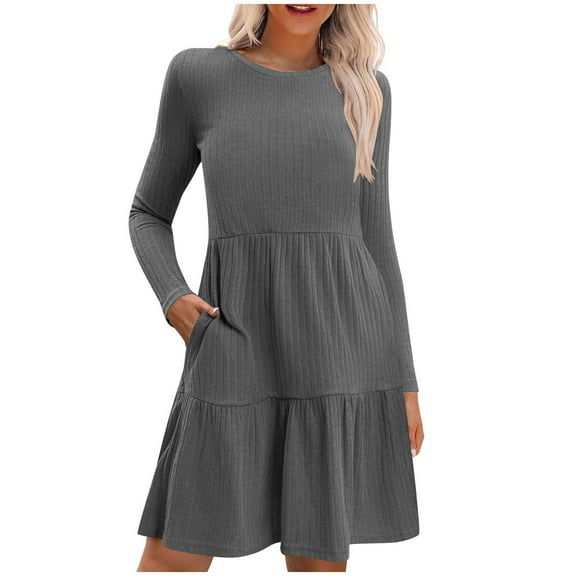 Ygbgbb Women's Fashion Solid Color Round Neck Long Sleeve Round Neck Dress Long Skirt (Gray,L)
