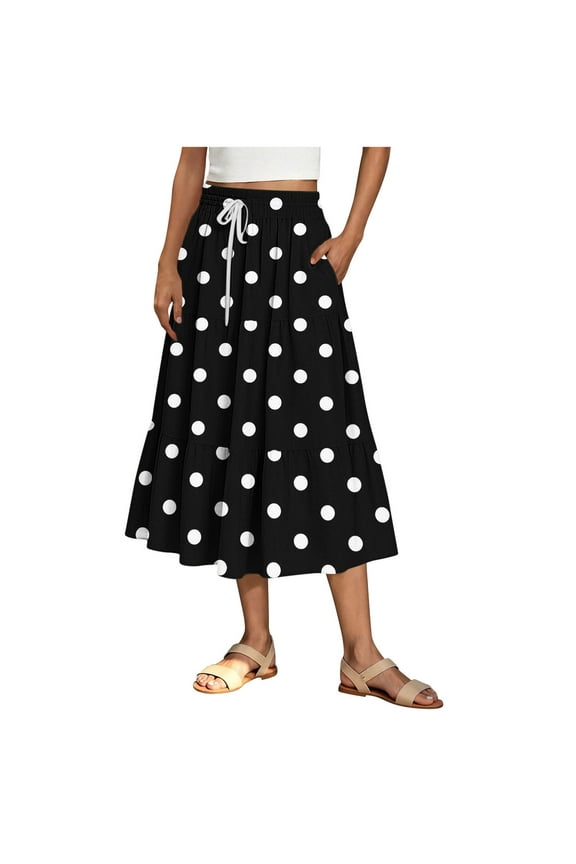 Women's Flowy A-Line Skirt Lightweight Spring Summer Casual Midi Skirt Trendy Print Elastic Waist Drawstring Skirt Black XXL