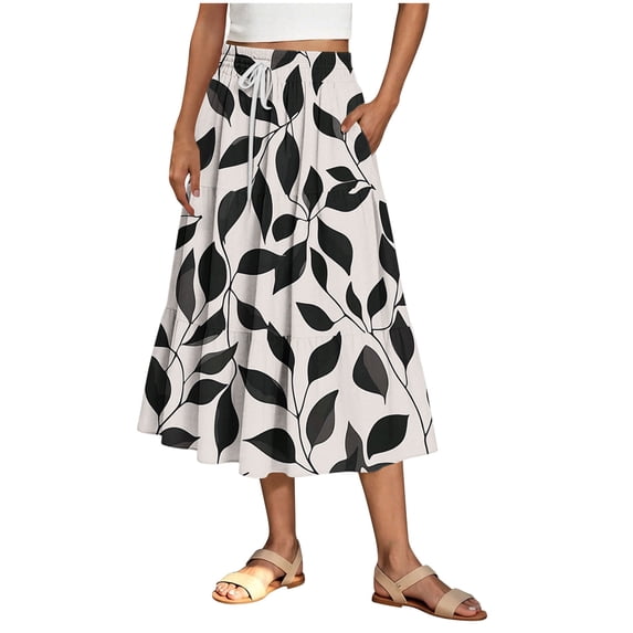 Ygbgbb Women's Flowy A-Line Skirt Lightweight Spring Summer Casual Midi Skirt Trendy Print Elastic Waist Drawstring Skirt Khaki S