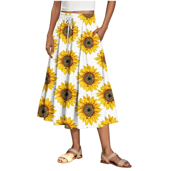 Ygbgbb Women's Flowy A-Line Skirt Lightweight Spring Summer Casual Midi Skirt Trendy Print Elastic Waist Drawstring Skirt Yellow L