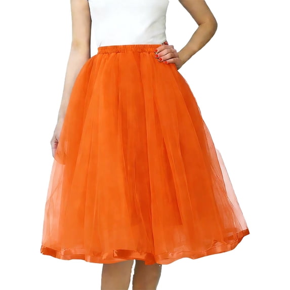 Ygbgbb Women’s Fluffy Tulle Skirts Flowy High Waist A-Line Skirt Pleated Mesh Skirts Lightweight Summer Casual Skirt for Party & Daily Wear Orange Free Size