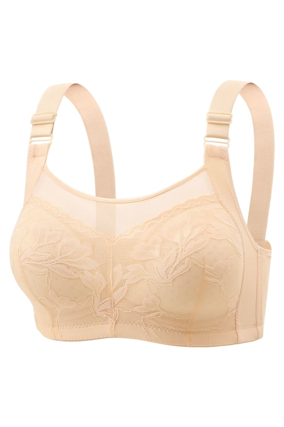 Women's Full Coverage Sheer Floral Lace Wireless Bra, Adjustable Comfort Straps Breathable Anti-Scratch Daily Support Lingerie Beige 36