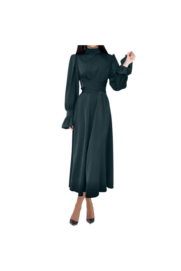 Women's High-end Satin Long Sleeved Loose Fitting Dress Elegant Temperament Women's Evening Dress (Army Green,M)