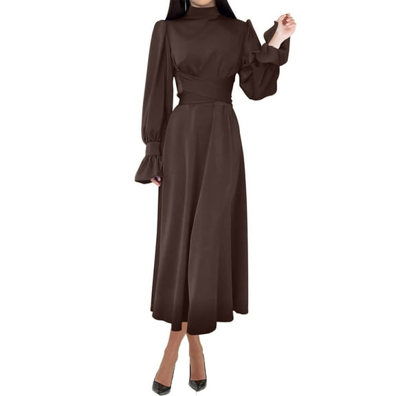 Ygbgbb Women's High-end Satin Long Sleeved Loose Fitting Dress Elegant Temperament Women's Evening Dress (Coffee,M)