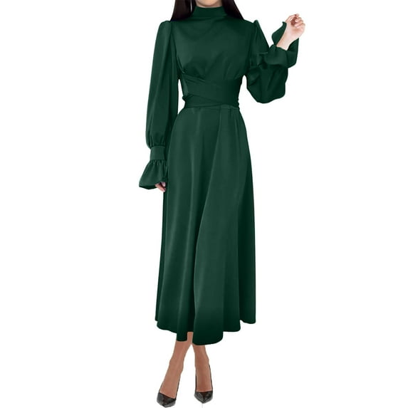 Ygbgbb Women's High-end Satin Long Sleeved Loose Fitting Dress Elegant Temperament Women's Evening Dress (Green,M)