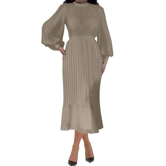 Ygbgbb Women's High-end Satin Long Sleeved Loose Fitting Dress Elegant Temperament Women's Evening Dress (Khaki,XXL)