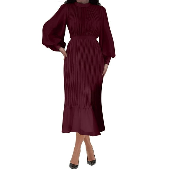 Ygbgbb Women's High-end Satin Long Sleeved Loose Fitting Dress Elegant Temperament Women's Evening Dress (Wine,XXL)