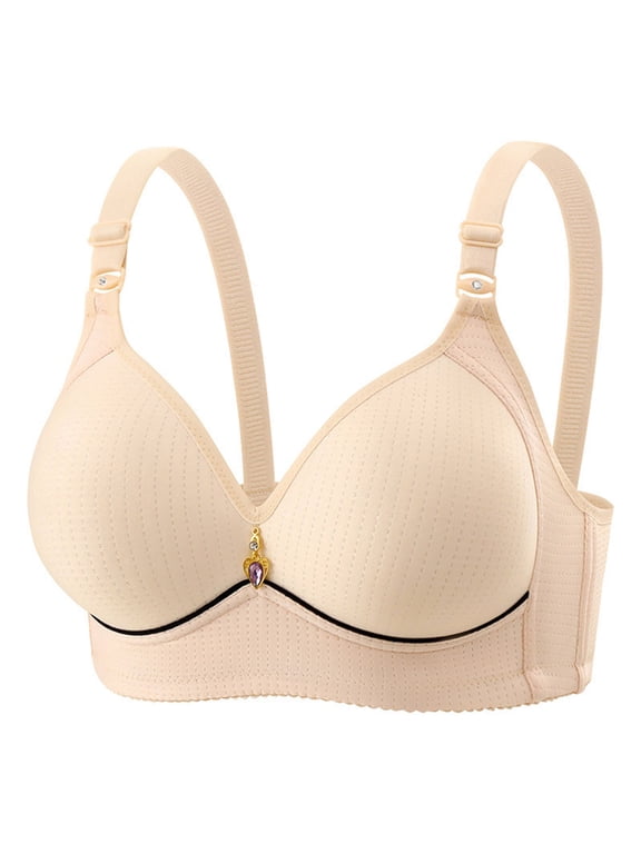 Women's Honeycomb Breathable Wireless Support Bra, Wide Adjustable Comfort Straps Rhinestone Decor Anti-Sag Daily Lingerie Beige 80BC
