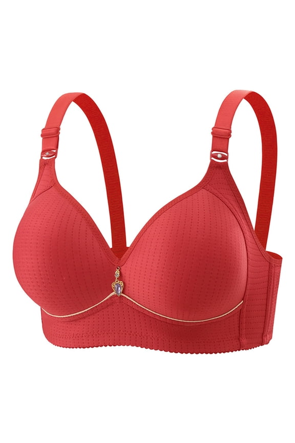 Women's Honeycomb Breathable Wireless Support Bra, Wide Adjustable Comfort Straps Rhinestone Decor Anti-Sag Daily Lingerie Red 85BC