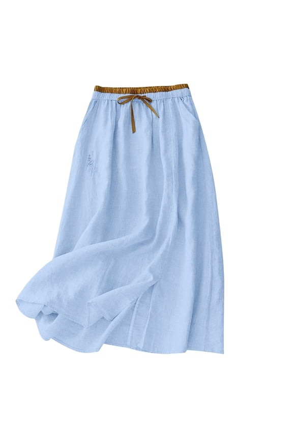 Women's Lightweight Summer Cotton Linen Skirt Flowy Bohemian Beach A-Line Midi Skirt Solid Elastic Waist Casual Daily Skirt Light Blue XXL