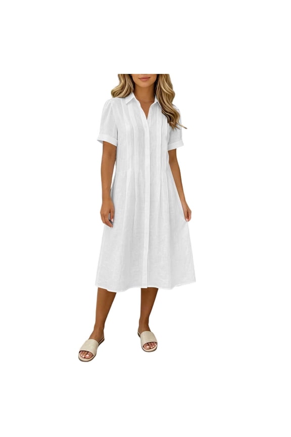 Women's Linen-Blend Shirt Dress, Short Sleeve with Collared Neck & Pleated Front, Casual Summer Midi Dress White M