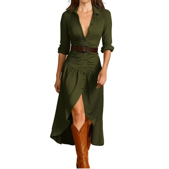 Ygbgbb Women's Long Sleeve Collared Shirt Dress with Belt Ruched High-Slit Casual Maxi Dress Fashion Trendy Country Concert Western Cowgirl Flowy Dresses Army Green XXL