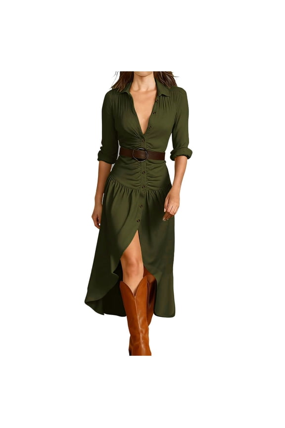Women's Long Sleeve Collared Shirt Dress with Belt Ruched High-Slit Casual Maxi Dress Fashion Trendy Country Concert Western Cowgirl Flowy Dresses Army Green XXL