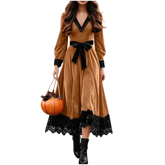 Ygbgbb Women's Long Sleeve V‑Neck Midi Dress, Lace Trim Bow Waist Medieval Gothic Dress for Halloween Cosplay Themed Parties Brown XL