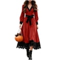 thumbnail image 1 of Ygbgbb Women's Long Sleeve V‑Neck Midi Dress, Lace Trim Bow Waist Medieval Gothic Dress for Halloween Cosplay Themed Parties Red XL, 1 of 5