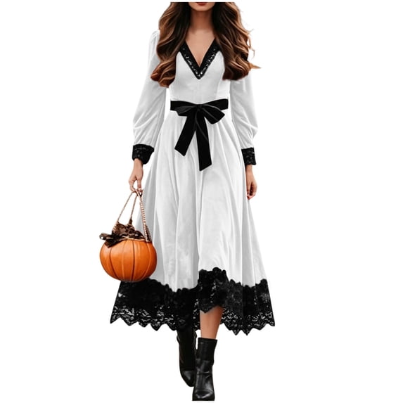 Ygbgbb Women's Long Sleeve V‑Neck Midi Dress, Lace Trim Bow Waist Medieval Gothic Dress for Halloween Cosplay Themed Parties White L
