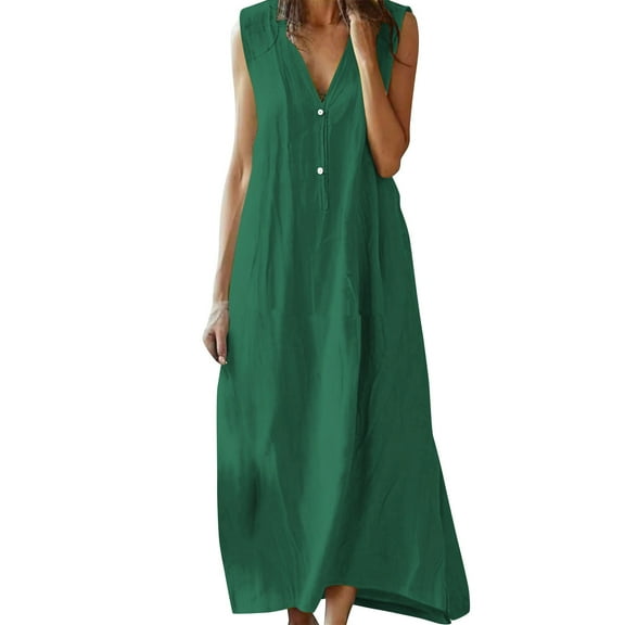 Ygbgbb Women's Loose Maxi Dress Lightweight Summer Boho Casual Beach Dresses Sleeveless Button V Neck Dress Vacation Outfits Green S