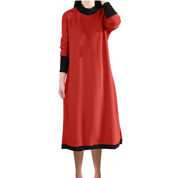 Ygbgbb Women's Loose Patchwork Solid Color High Neck Long Sleeved Dress (Red,XL)