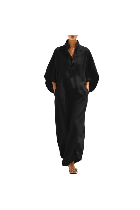 Women's Mandarin Collar Button-Down Kaftan Maxi Dress, Loose Linen-Blend Caftan with Side Pockets, Comfortable Casual Vacation Dress Black XXL