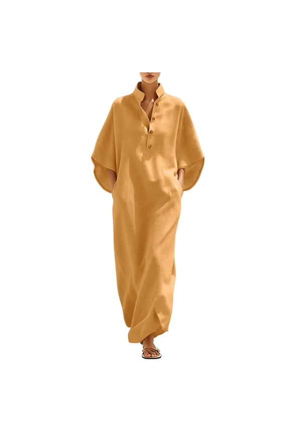 Women's Mandarin Collar Button-Down Kaftan Maxi Dress, Oversized Linen-Blend Caftan with Side Pockets, Bohemian Style Beach Cover Up Yellow XL