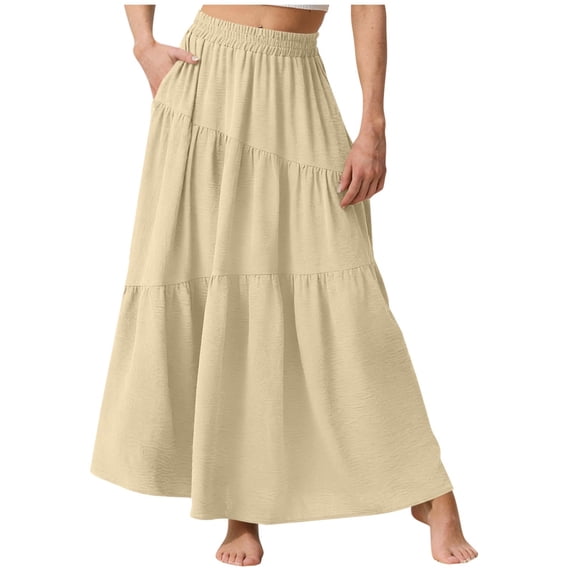 Ygbgbb Women's Maxi Skirt Summer Casual Elegant Smock Skirt Flowy Boho Skirt Solid Elastic High Waist A Line Long Skirt with Pockets Beige S