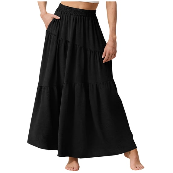 Ygbgbb Women's Maxi Skirt Summer Casual Elegant Smock Skirt Flowy Boho Skirt Solid Elastic High Waist A Line Long Skirt with Pockets Black XXL