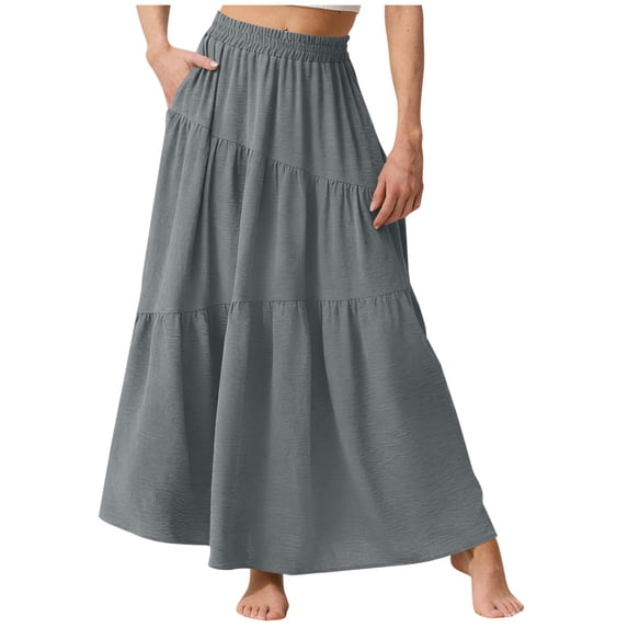 Ygbgbb Women's Maxi Skirt Summer Casual Elegant Smock Skirt Flowy Boho Skirt Solid Elastic High Waist A Line Long Skirt with Pockets Gray XL