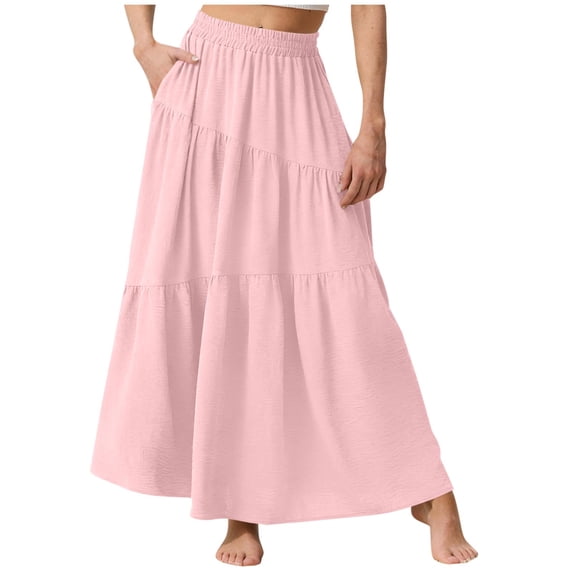 Ygbgbb Women's Maxi Skirt Summer Casual Elegant Smock Skirt Flowy Boho Skirt Solid Elastic High Waist A Line Long Skirt with Pockets Pink M