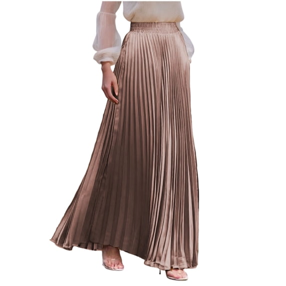 Ygbgbb Women's Pleated Maxi Skirts Elastic High Waist Skirt Flowy Swing A-Line Skirts Solid Spring Summer Casual Long Skirts Khaki L