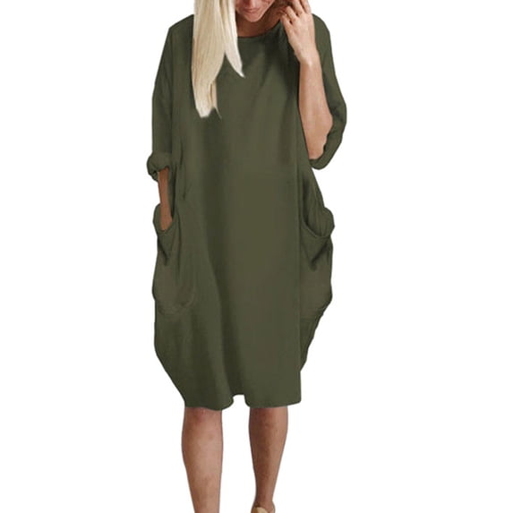 Ygbgbb Women's Plus Size Dresses Loose Fit O-Neck 3/4 Sleeve Solid Color Swing Tunic Dress with Pockets Army Green XXXXXL