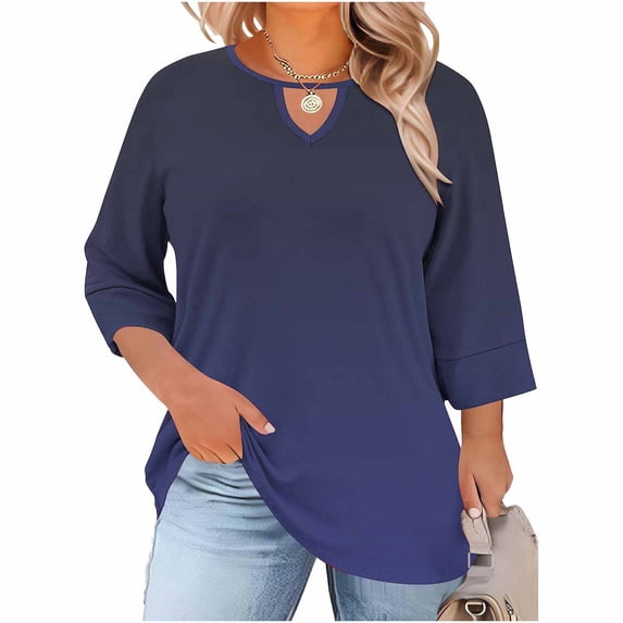 Ygbgbb Women's Plus Size Shirts Gradient Color Blouses 3/4 Sleeve Crewneck Tops Lightweight Summer Loose Fit Casual Shirts Trendy Keyhole Tunic Tops Navy XXXXXL
