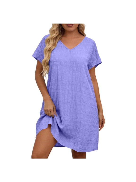 Ygbgbb Women's Plus Size Summer Solid V-Neck Dress Casual Raglan Short Sleeve Loose Fit Simple Midi Summer Sundress Purple XL