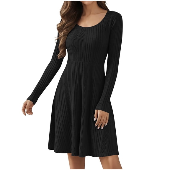 Ygbgbb Women's Ribbed Knit Dresses Solid Long Sleeve Crewneck Tunic Top Going Out Wear A-Line Dress Elegant Slim Fit Midi Dress Black XL