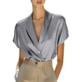 thumbnail image 1 of Ygbgbb Women's Satin Shirts Elegant Tops Short Sleeve V Neck Button Down Blouse Lightweight Comfy Casual Shirts for Office Work & Party Gray S, 1 of 9